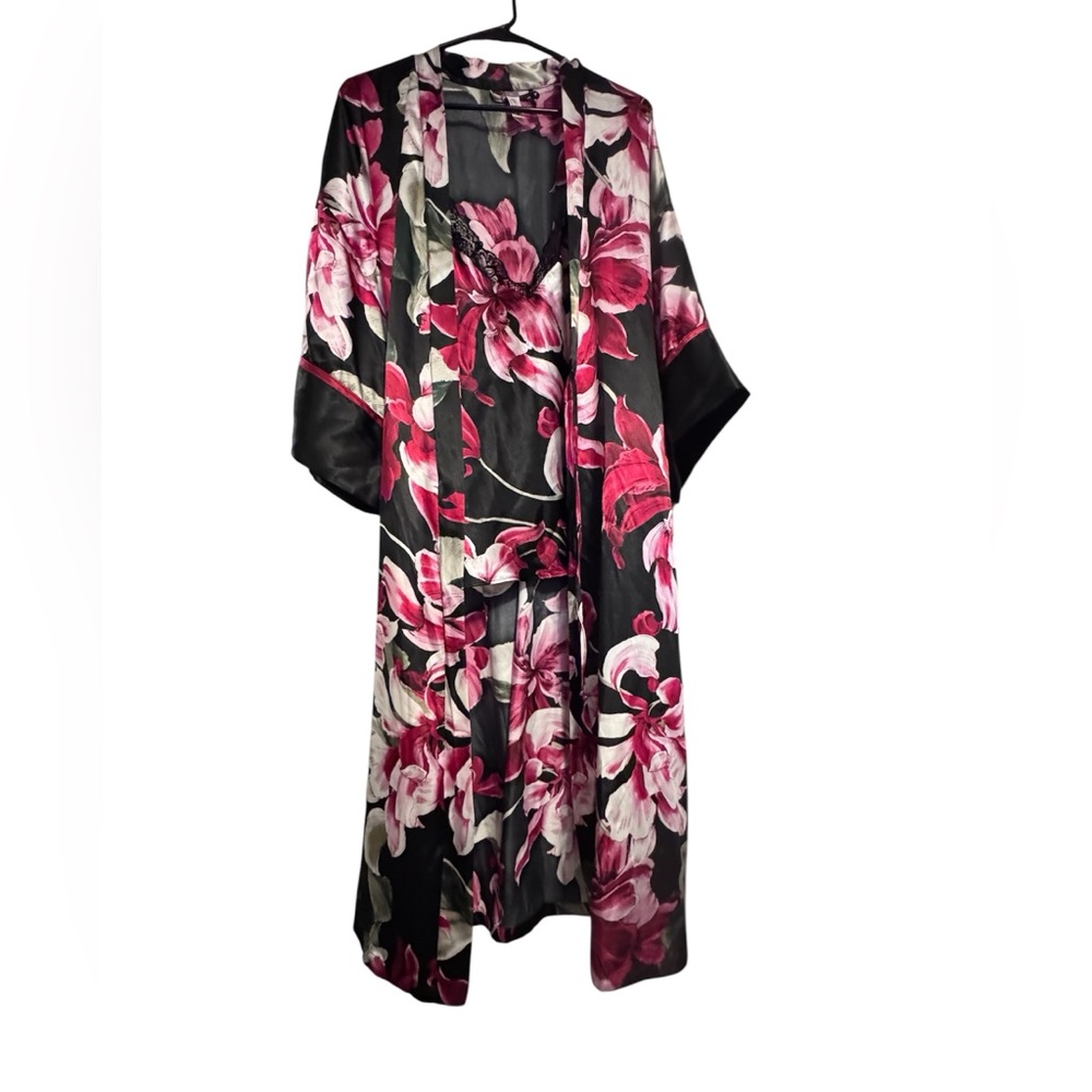 Floral Black and Pink Satin Shorts and  Tank with Kimono Robe by Lilac & London
